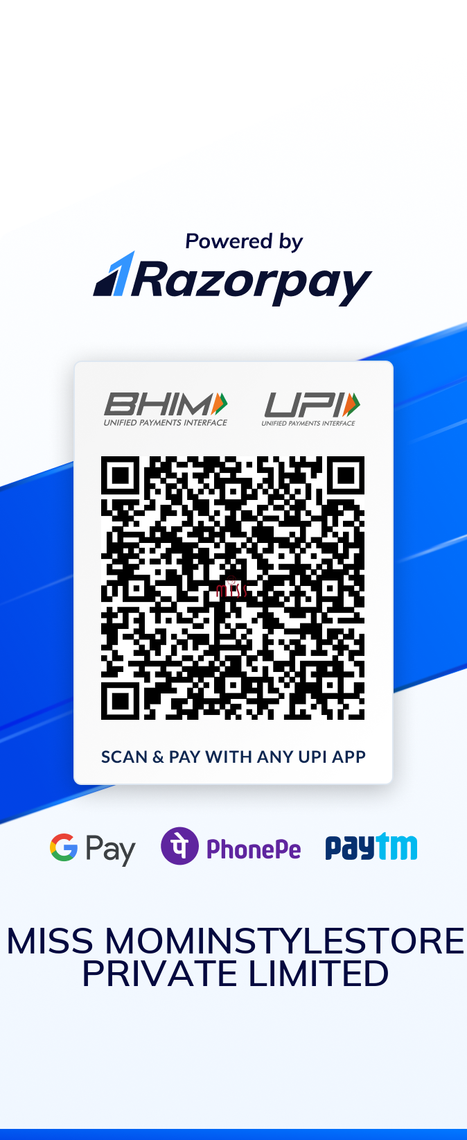 MISS Boutique Razorpay UPI payment QR code